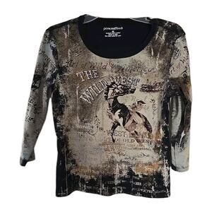 Personalitees Tan The Wild West AOP 3/4 Sleeve Grunge Top Womans Size Medium
